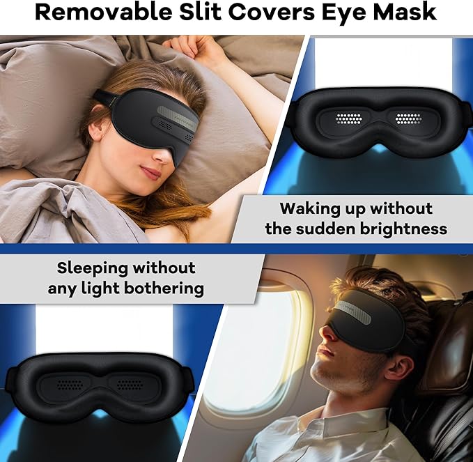 See-Through Sleep Mask with Removable Blackout Strip, Peek-a-Boo Window, 3D No-Pressure Eye Cups, Lash-Friendly, Adjustable Strap (Black)