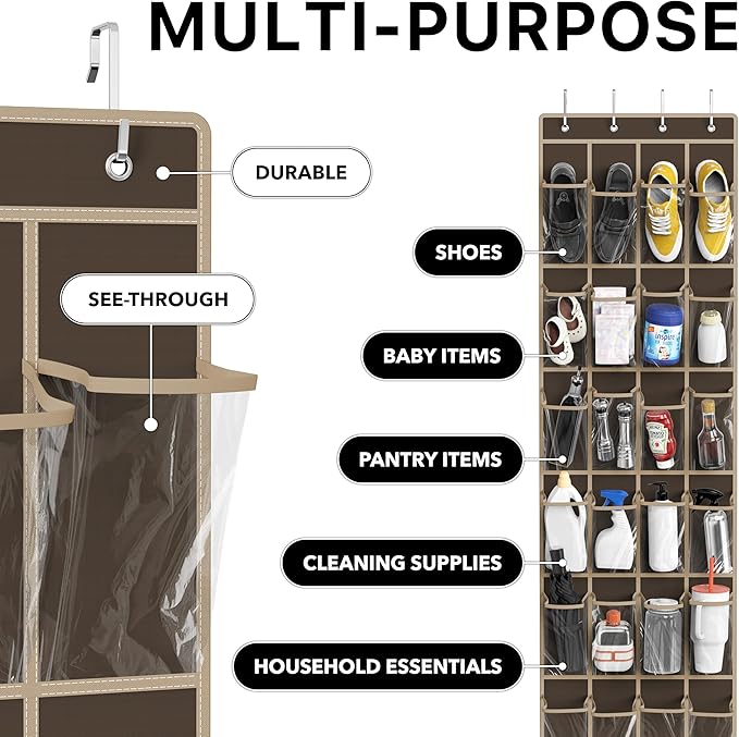 Simple Houseware 24 Pockets - Crystal Clear Over The Door Hanging Shoe Organizer, Brown (64'' x 19'')