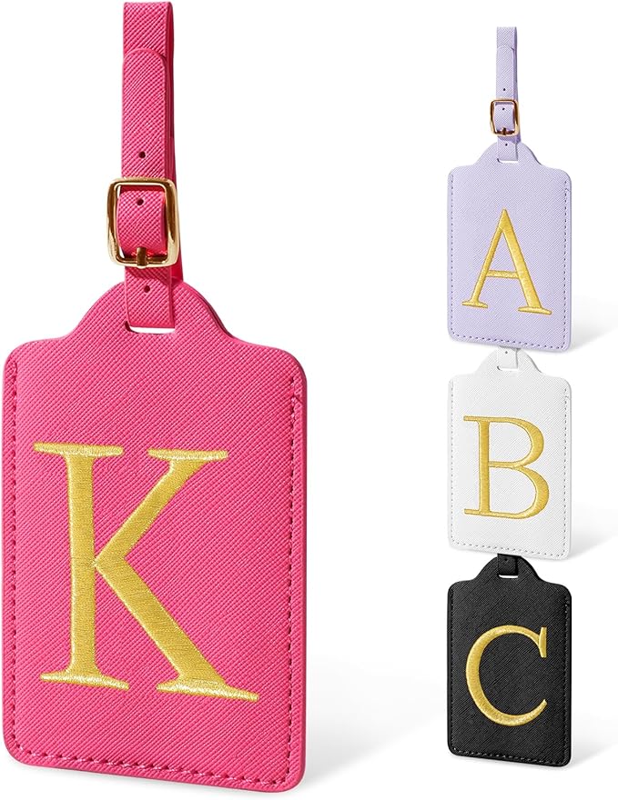 Personalized Initial Luggage Tags for Suitcases, Cute PU Leather Embroidered Letter Travel Luggage Tags, Suitcase Identifier Name Baggage Tag, Bag Tags for Men Women Kids Luggage Handbags(Rosered K)