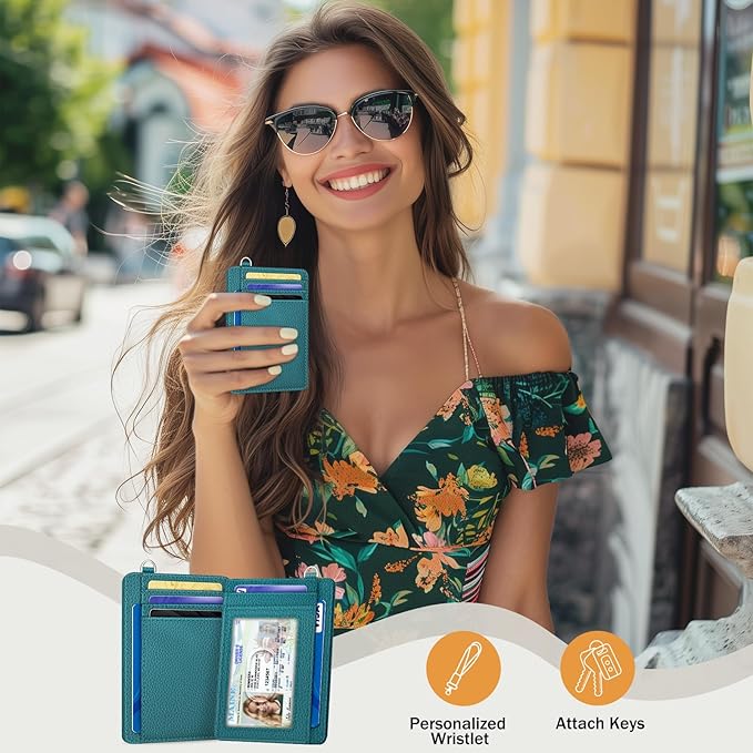 Yonlevres Credit Card Holder for Women, Slim RFID Wallet Front Pocket Small Card Holder, Travel ID Window PU Leather Cute Funny Thin RFID Blocking Case Organizer Gifts Ladies Blue
