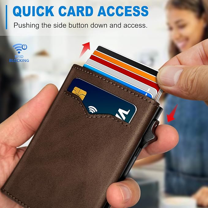 miyozi Wallet for Men,with Cash Pocket 2 ID Window 9-13 Cards,Metal Case Smart Slim Pop Up Credit Card Holder Flip with Magnetic Closure RFID Blocking Trifold wallet with Gift Box