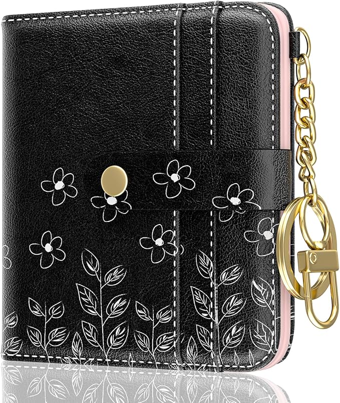 Aiawoxc Womens Wallet, RFID Small Wallets for Women, Slim Compact Credit Card Holder, Cute Leather Bifold Ladies Purse with Zipper Coin Pocket and ID Window, Pinwheel Flowers