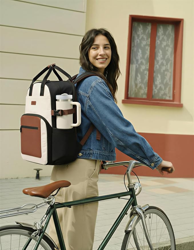 LOVEVOOK Laptop Backpack for Women - Stylish Work Backpack with Large Cup Holder, Waterproof College Teacher Backpack, Beige-Brown, 15.6Inch