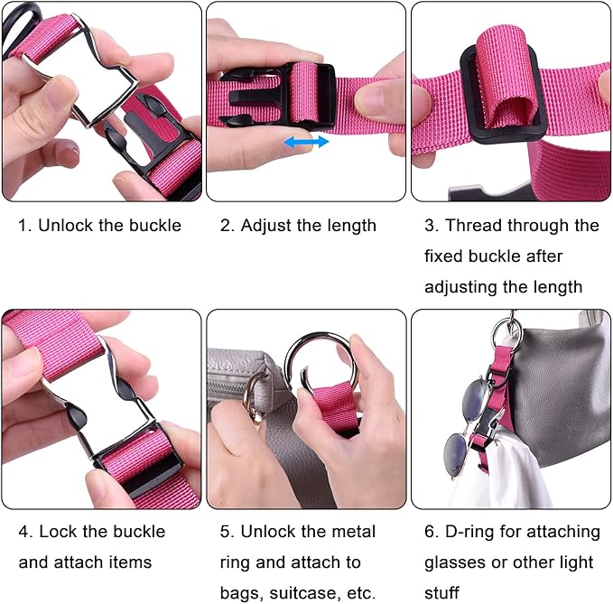 Wisdompro Jacket Gripper Strap, Add a Bag Luggage Straps Baggage Suitcase Belts Travel Accessories with Hook and D-Ring - Make Your Hands Free, Easy to Carry Your Extra Bags - Hot Pink