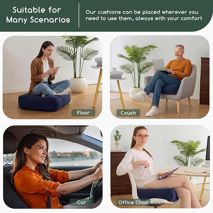 HIGOGOGO Tufted Corduroy Recliner Seat Cushion for Elderly, 20x20x6 Inch Extra Large Square Seat Cushion for Recliner Chair, Floor Pillow, Office Chair, Car, No Pressure on Thighs, Navy