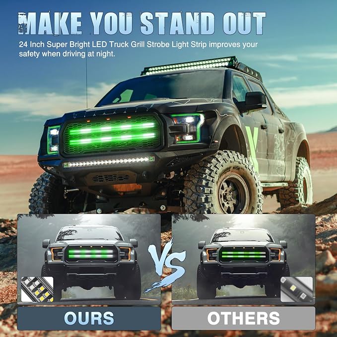 Nilight 2PCS 24" Truck Grille Strobe Light Strips 384 LED Green White | Emergency Light Flexible Side Flashing Warning Caution Safety Waterproof Lighting Kit for Trucks Plow Construction Vehicles