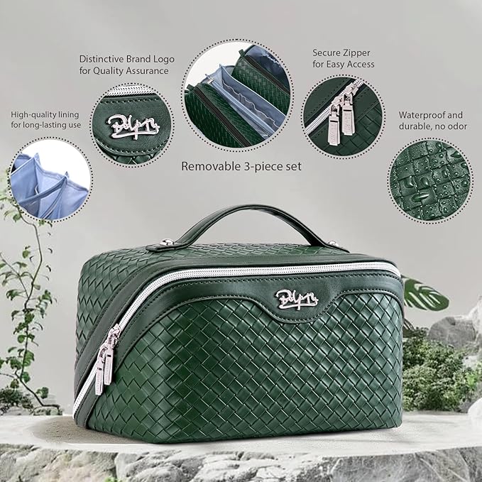 BOYATU Travel Makeup Bag Cosmetic Bags for Women: Large Capacity 3 Pcs Set Make up Bag with Compartments - Waterproof Vegan Leather Toiletry Organizer Bags with Handle (L06 Olive)
