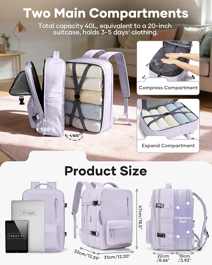 VECAVE Vacuum Backpack Travel with Pump, Expandable Personal Item Carry on Backpacks for Women Men, Laptop Waterproof Work Compression bags with USB Casual Daypack Purple