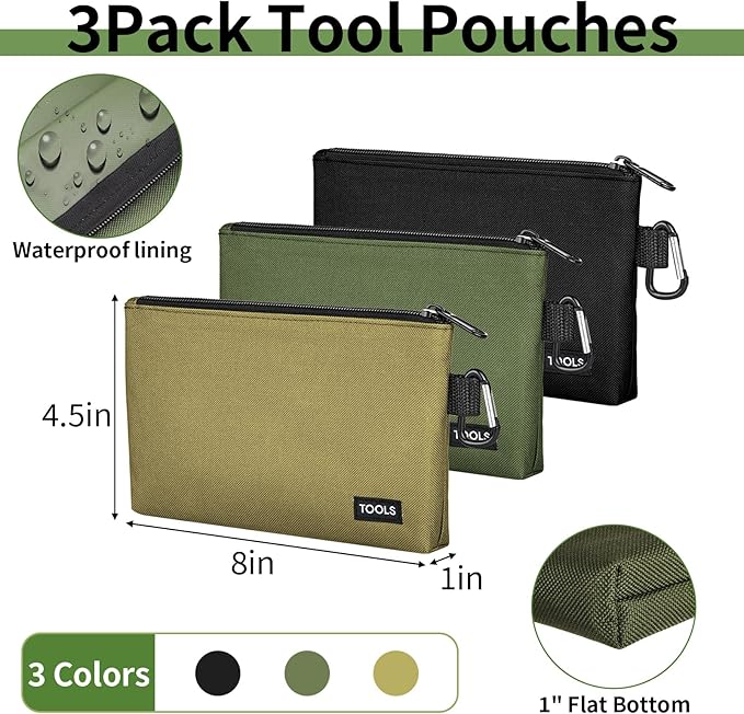 3 Pack Premium Tool Pouches Zipper Bag, Small Tools Bags with Carabiner, Heavy Duty Flat Bottom Utility Multipurpose Storage Organizer Bag for Tool, Stationary, Pencil