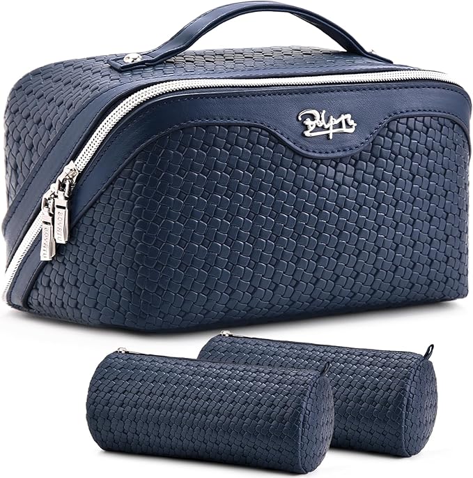 BOYATU Travel Makeup Bag Cosmetic Bags for Women: Large Capacity 3 Pcs Set Make up Bag with Compartments - Waterproof Vegan Leather Toiletry Organizer Bags with Handle (L40 Blue)