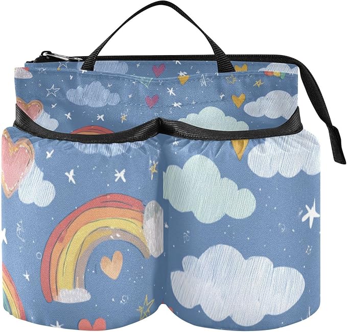 Blue Rainbow Hearts Clouds Stars Luggage Cup Holder Travel Portable Free Hand Drink Carrier Suitcase Drinks Beverage Holder Carry-On Bottle Mug Holder Organizer Bag Travelers Accessories