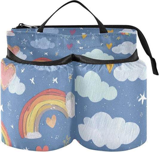 Blue Rainbow Hearts Clouds Stars Luggage Cup Holder Travel Portable Free Hand Drink Carrier Suitcase Drinks Beverage Holder Carry-On Bottle Mug Holder Organizer Bag Travelers Accessories