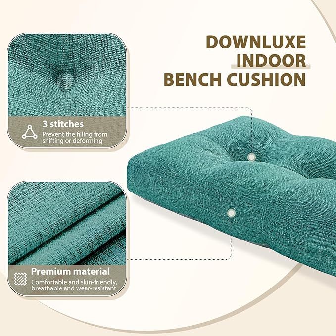 downluxe Indoor Bench Cushion for Indoor Furniture, Non-Slip Tufted Overstuffed Textured Foam Bench Seat Cushion, 36" X 14" X 4", Green, 2 Pack