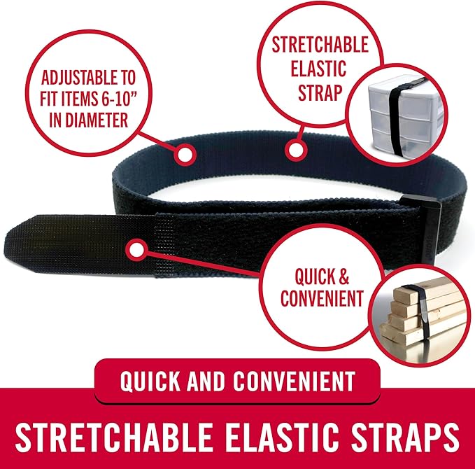VELCRO Brand VEL-30794-AMS Elastic Cinch Straps with Buckle | 6pc Variety Pack 8"-15"-30"| Stretchable to Snugly Fasten Power Cords, Lumber, Bicycles, Sleeping Bags, Outdoor Umbrellas, More | Black