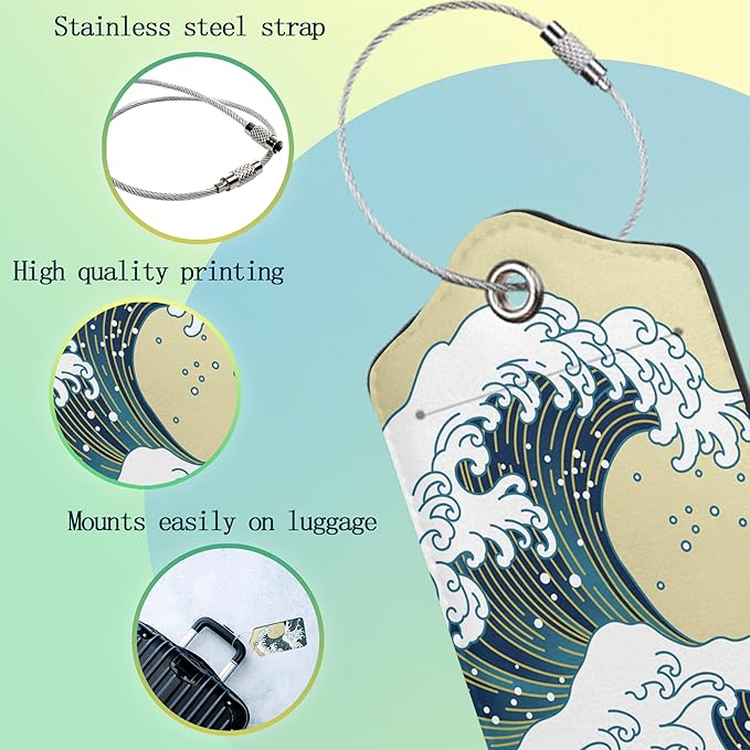 Luggage Tags for Suitcase,2 Pack Japanese Ocean Wave Luggage Tag Leather Privacy Cover ID Label with Stainless Steel Loop for Women Men Kids Girls Travel