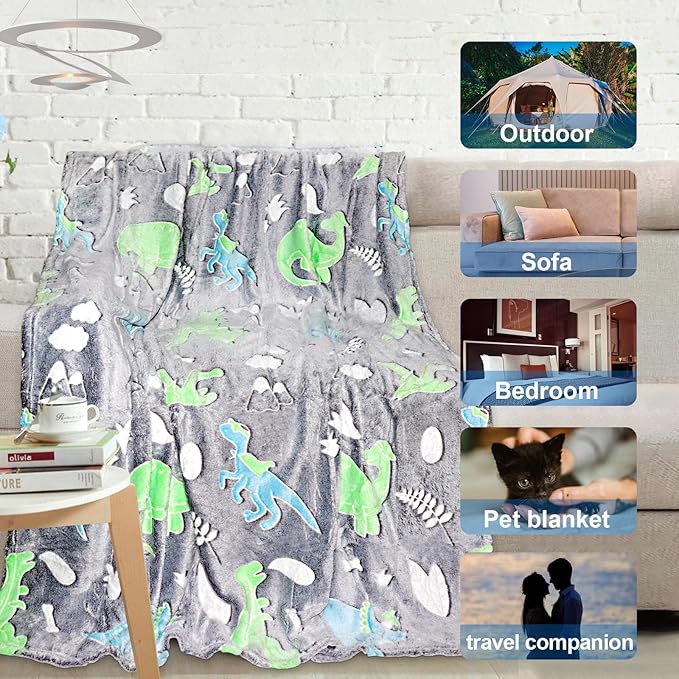 Glow in the Dark Dinosaur Kids Blanket - Soft Fleece Throw, 50"x60" - Boys & Toddlers, Birthday Gift