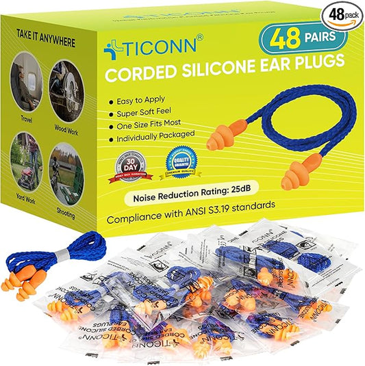 TICONN 48 Pairs Reusable Silicone Ear Plugs for Sleeping Noise Cancelling, Individually Wrapped 25dB NRR Corded Earplugs for Study Concentration Travel (48 Pairs)