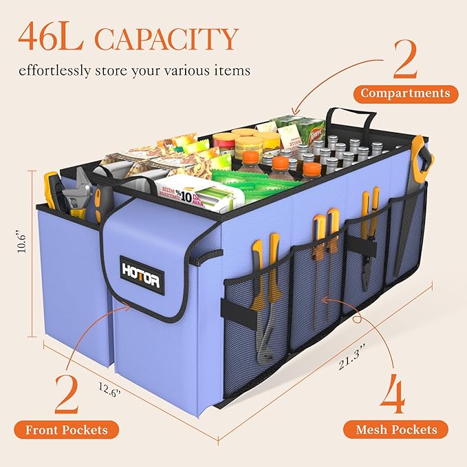HOTOR Large-Capacity Trunk Organizer - Foldable for SUVs & Sedans, Sturdy Organization for Car Accessories, Tools, Sundries, Blue, 2 Compartments, US11032 | Foldable, Sturdy Organization, for Car Accessories, Tools, Sundries, US11032