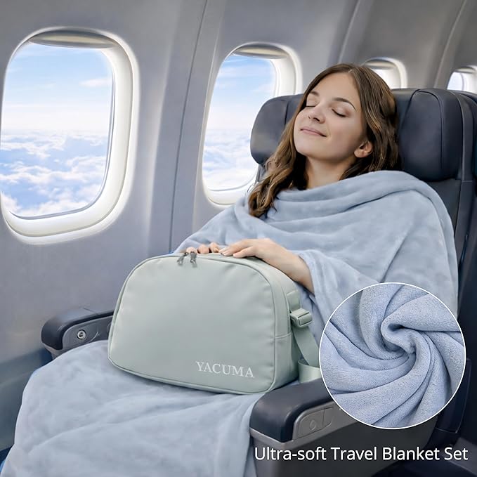 Travel Blanket Airplane – Ultra Soft Flannel 40”x60”, Cozy Compact Blanket with Organizer Bag, Lightweight Comfort for Flights & Home