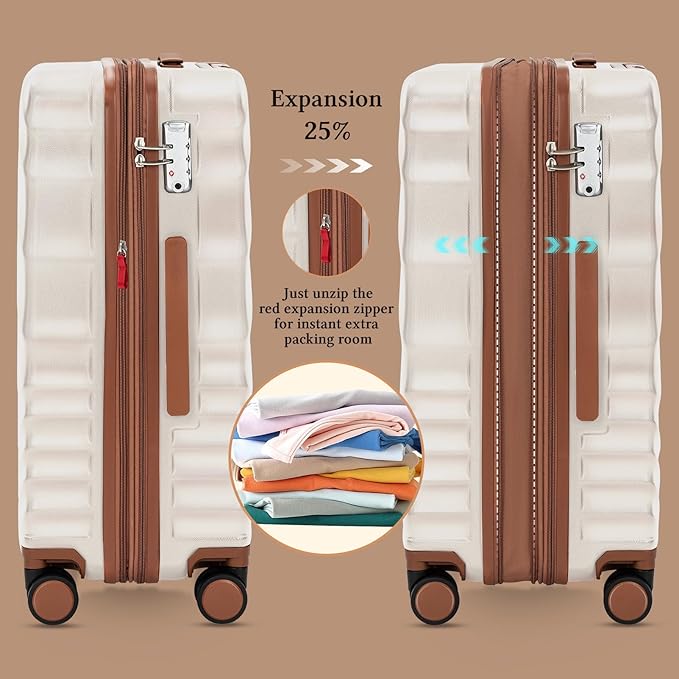 5 piece Luggage Set Expandable Suitcase 22x14x9 Airline Approved Carry on, ABS Hard Case Suitcases with Spinner Wheels, TSA Lock (Beige)