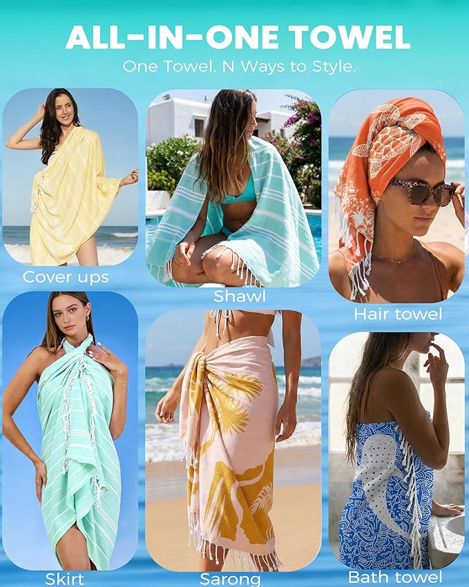 2 Pack Turkish Beach Towels with Bag Quick Dry Sand Free Soft Absorbent Adult Bath Pool Swim Long Wide Stripe Towel Cloud Linen Sandfree Chamois Mat Summer Thing Lightweight Thin Travel Blue