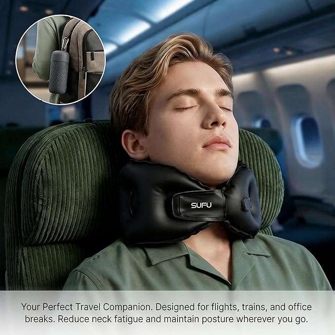 SUFU Inflatable Neck Pillow Airplane Travel Essentials Blow up Neck Pillows for air Traveling mini Compact - 10s Quick Inflate, 360° Full Support, Adjustable Firmness, Built-in Storage Bag,Blue