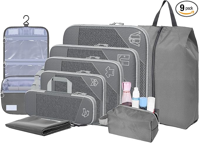 9-Set Packing Cubes with Hanging Bag | 9-Size Combination, Mesh Fabric & Reflective Stripe | Travel Luggage Organizers (Grey)