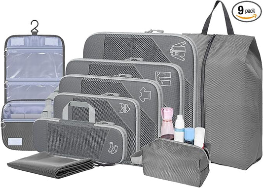 9-Set Packing Cubes with Hanging Bag | 9-Size Combination, Mesh Fabric & Reflective Stripe | Travel Luggage Organizers (Grey)