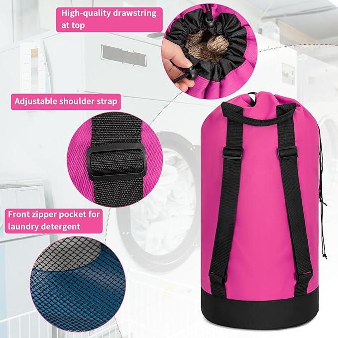 Laundry Bag Backpack with Shoulder Straps and Mesh Pocket Foldable Clothes Hamper Bag with Drawstring Closure for College, Apartment, Laundromat (Hot Pink)