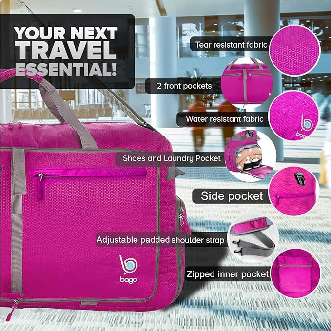 Bago Extra Large Duffle Bag for Travel Women & Men. Durable, Lightweight, Foldable Travel Duffel Bags For Traveling Women. 120L Duffle Bags Use As a Weekender Bag with Shoe Compartment, Checked Duffel