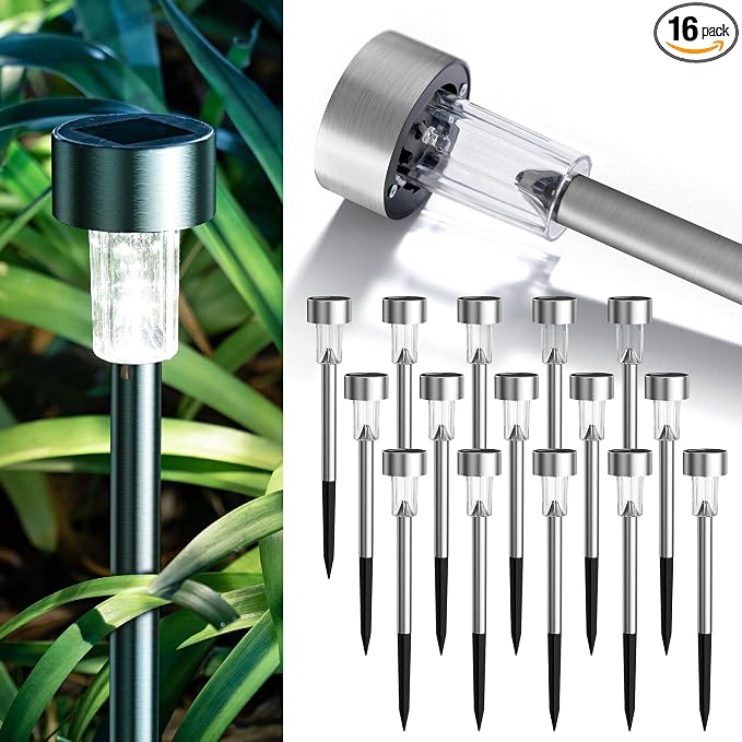 GIGALUMI 16 Pack Solar Lights Outdoor Waterproof,Stainless Steel LED Solar Garden Lights for Patio, Lawn, Yard and Landscape(Cold White) | Solar Pathway Lights, Solar Garden Lights for Patio, Lawn, Yard and Landscape LED (Cold White)