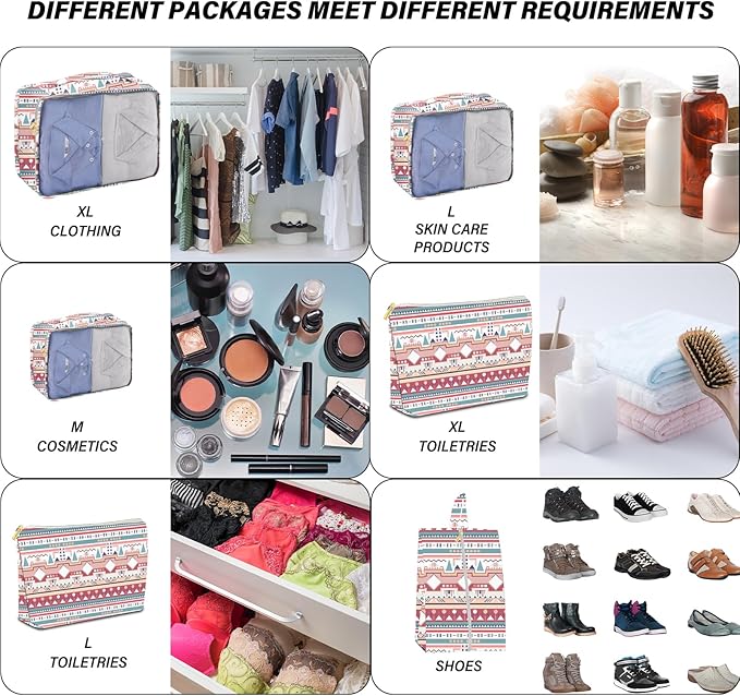 7 Set Packing Cubes Travel Luggage Organizers for Suitcase Travel Accessories with Shoe Bag for Girls Women Aesthetic Cute Boho Bohemian-Pink Blue