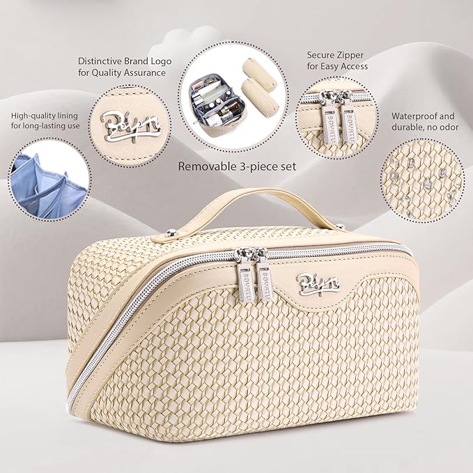 BOYATU Travel Makeup Bags for Women: Large Capacity Make up Bag with Wide Opening - 3 Pcs Set Waterproof Travel Toiletry Organizer for Full-Sized Bottles, Cosmetics & Brushes (Apricot-W)