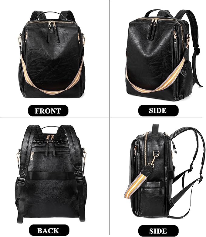 myfriday PU Leather Large Backpack Purse for Women Casual Travel Backpack Convertible Satchel Handbags With Luggage Strap (Black)