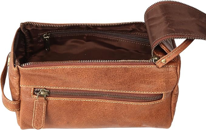 KomalC Premium Buffalo Leather Toiletry Bag for Men & Women With Water resistant Lining, Grooming Travel Pouch, Unisex Wash Bag for Toiletries, Gifts for Men and Women