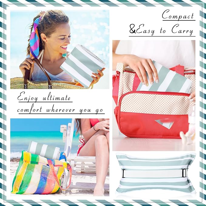 Menkxi 17"x10" Inflatable Beach Pillow with Removable Cover, Beach Chair Backpacking Pillow with Strap Stripe for Summer Sand Pools Travel Vacations(Green White)