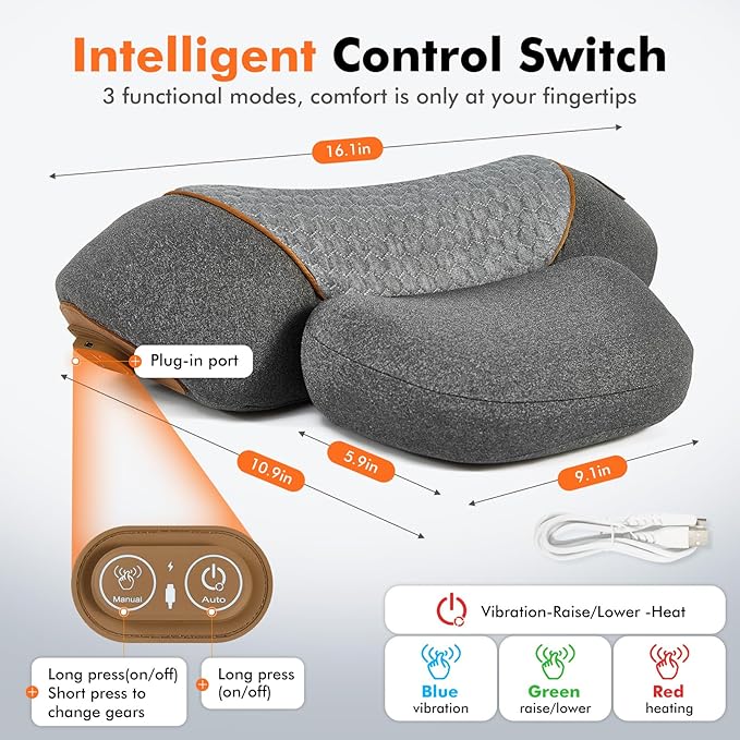 3-in-1 Neck Massager Pillow with Heating & Cervical Traction, Ergonomic Cervical Pillow for Neck Back Shoulder Pain Relief,Cervical Traction Suppor, Mathers Day Gifts (Gray)