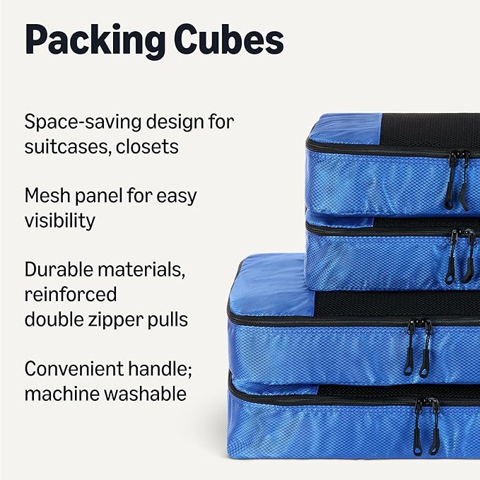 Amazon Essentials 4-Piece Packing Cubes Travel Accessories Set, Space-Saving Luggage Organizer with Double Zipper, Mesh Top, 2 Medium/2 Large, Blue (Previously Amazon Basics)