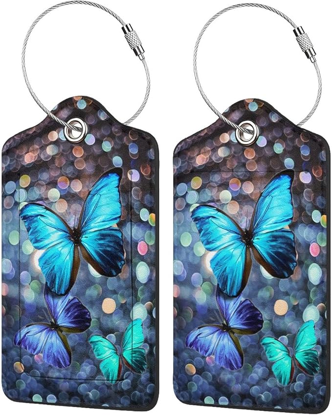 Colorful Butterfly Luggage Tag Set of 2 Leather Luggage Tag with Name Card PU Baggage Tags for Women Men Travel,Fun Laggage Tags (Butterfly)