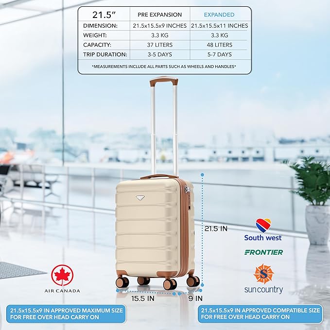 Flight Knight 21.5x15.5x9 Expandable Carry On Suitcase Hardside TSA Lock & USB C Port Lightweight Luggage Silent Double Spinner Wheels Maximum Canada Air Overhead Bag Airlines Approved Cream