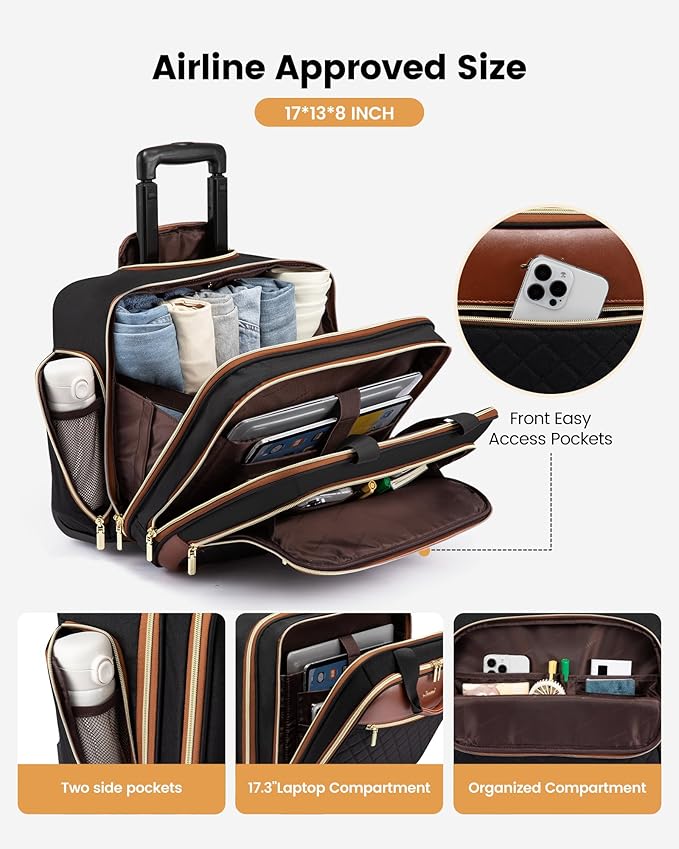 LOVEVOOK Rolling Laptop Bag Women, 17.3 Inch Laptop Briefcase with Wheels for Work Travel Business, Underseat Carry On Luggage Case,Black