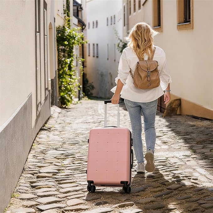 Merax Luggage Sets,5 Piece Front Half-open Hardshell Expandable Suitcase Set with Spinner Wheels and Duffel Bags,Lightweight Carry on Luggage with USB Port,20/24/28IN,Light Pink-1