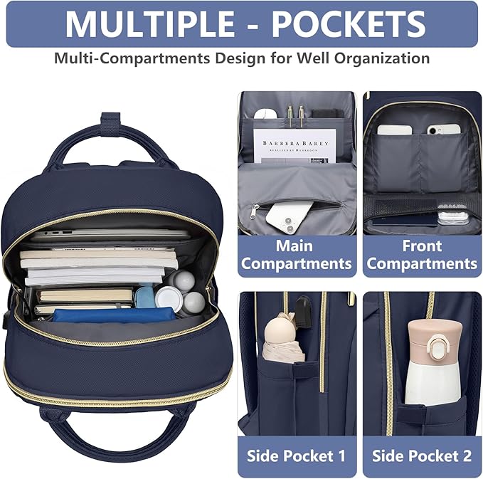 Laptop Backpack for Women Work Bag - 15.6 inch Travel Backpack Purse with USB Charger College Bookbag Waterproof Cute Casual Daypack Fashion Business Computer Backpacks for Teacher Nurse Dark Blue