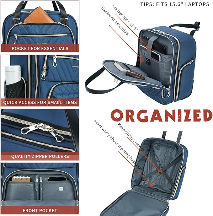 KROSER Carry On Underseat Multi-functional, 16-inch Underseater Lightweight Overnight Suitcase for Men Women, Haze Blue/Gold