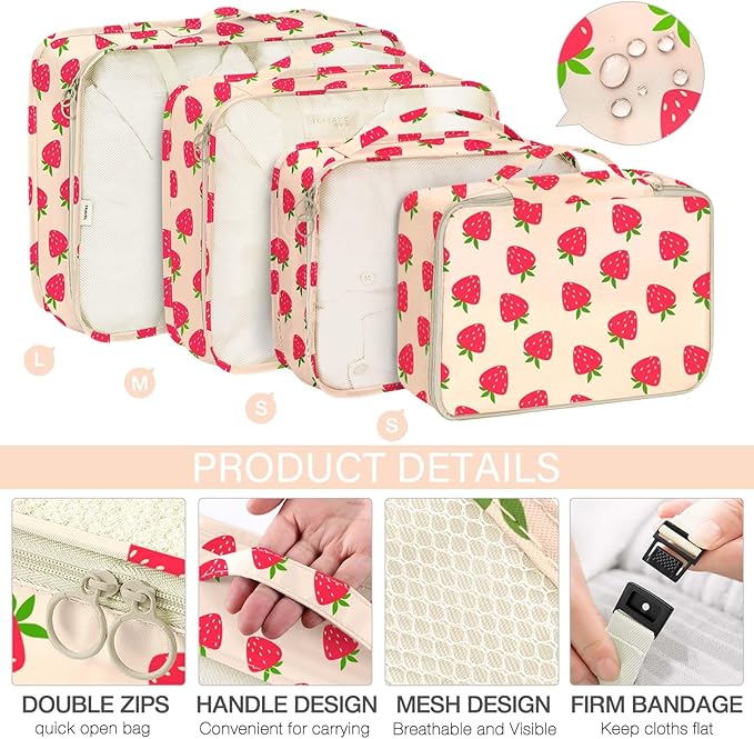 KPX 8 Set Packing Cubes for Travel, Luggage Packing Organizers Accessories Large Toiletries Bag for Clothes Shoes Cosmetics (Strawberry)