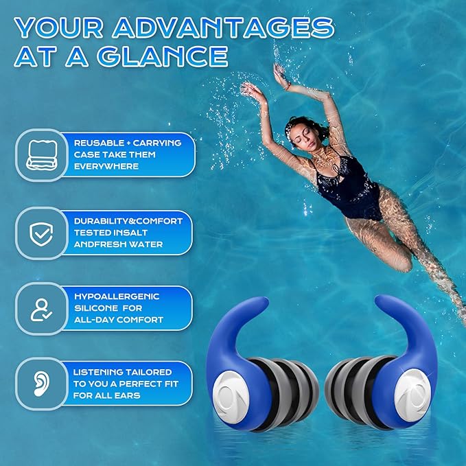 Waterproof Swimming Ear Plugs for Adults - 3 Pairs of Reusable Soft Silicone Swim Earplugs,Perfect for Surfing, Diving,Pool,Showering and Other Water Sports - Keep Water Out and Ear Protection
