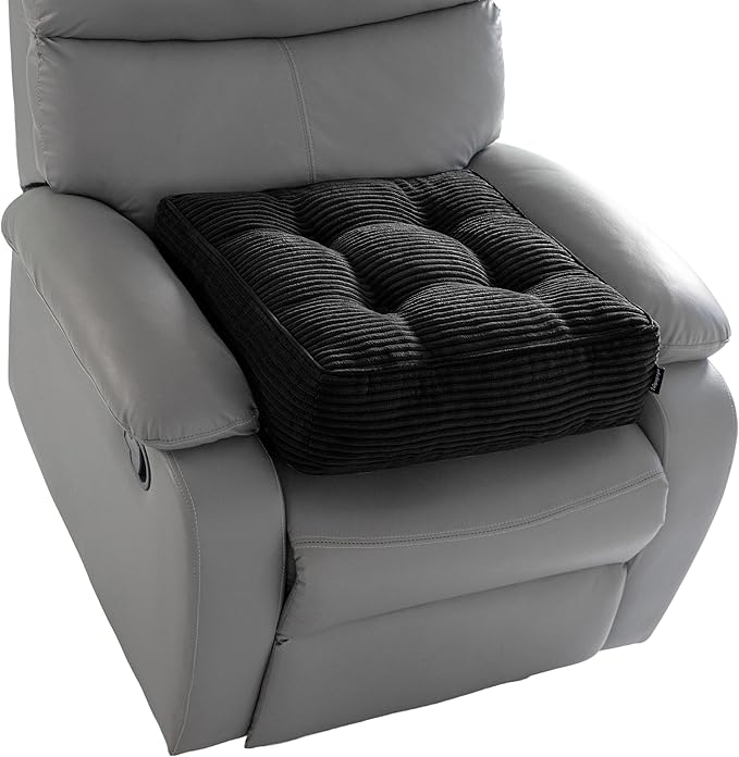 HIGOGOGO Tufted Corduroy Recliner Seat Cushion for Elderly, 20x20x6 Inch Extra Large Square Seat Cushion for Recliner Chair, Floor Pillow, Office Chair, Car, No Pressure on Thighs, Black