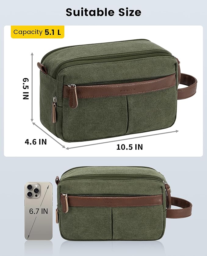 Vorspack Canvas Toiletry Bag for Men - Water Resistant Travel Bag for Toiletries, Bathroom Essentials, Accessories - Green