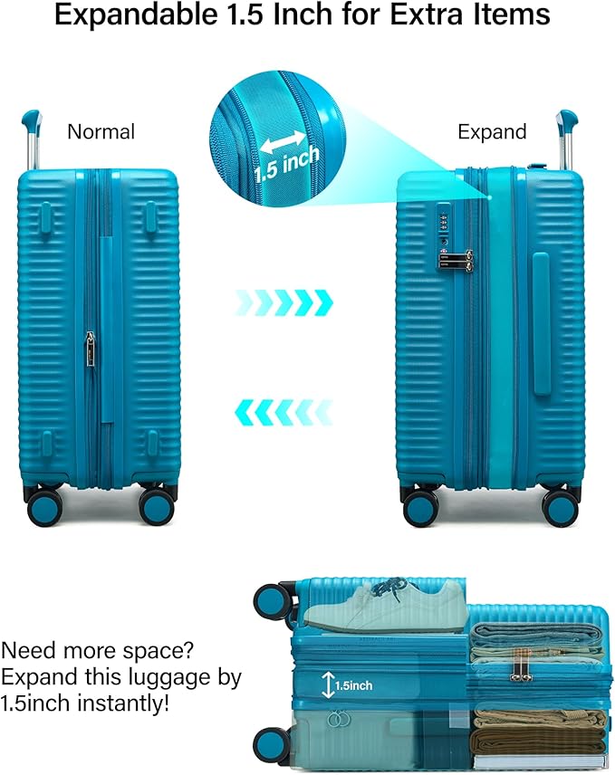 MILADA Expandable Carry On Luggage 20 Inch - Airline Approved Hardshell Suitcase with 8 Spinner Wheels, TSA Lock, Water-Resistant PC Shell, Lightweight & Durable for Travel, Caribbean Blue