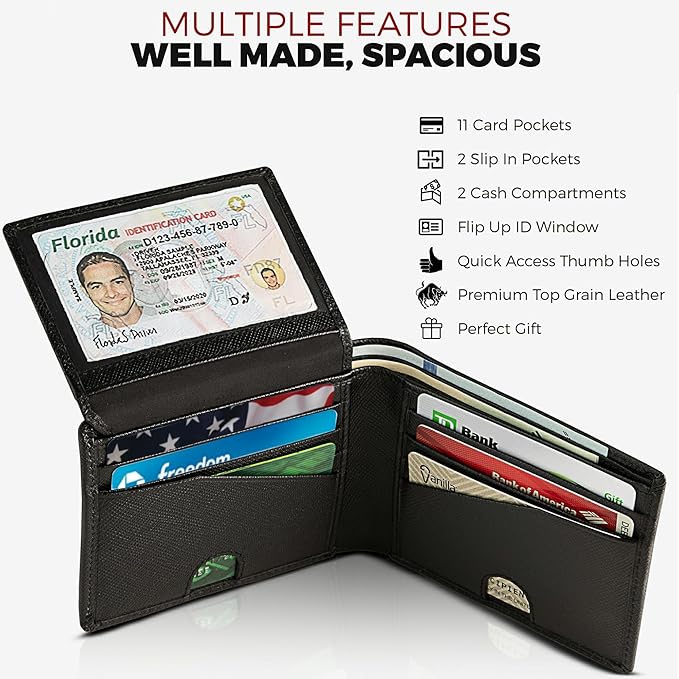Mens RFID Leather Wallet Bifold on Black Saffiano Designer Leather, Secure and Durable Extra Capacity Billfold with 11 Credit Cards, Flip Up ID, Tight Stitching & Quick Thumb Push Access, Gift Boxed